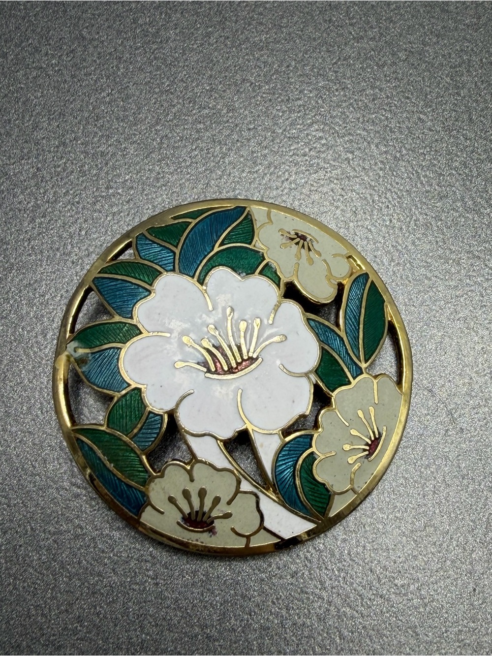 Vintage Cloisonné  Round Brooch - White & Green
